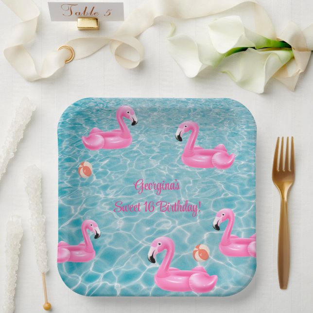 Assiettes En Carton Flamant rose d'été fête de la piscine douce 16 Ann (Mariage)