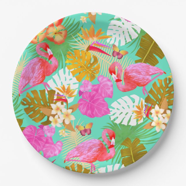 Assiettes En Carton Flamant rose Garden Turquoise (Devant)