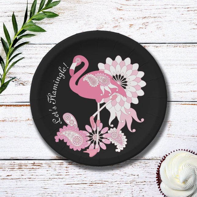 Assiettes En Carton Flamant rose moderne noir rose Paisley (Créateur téléchargé)