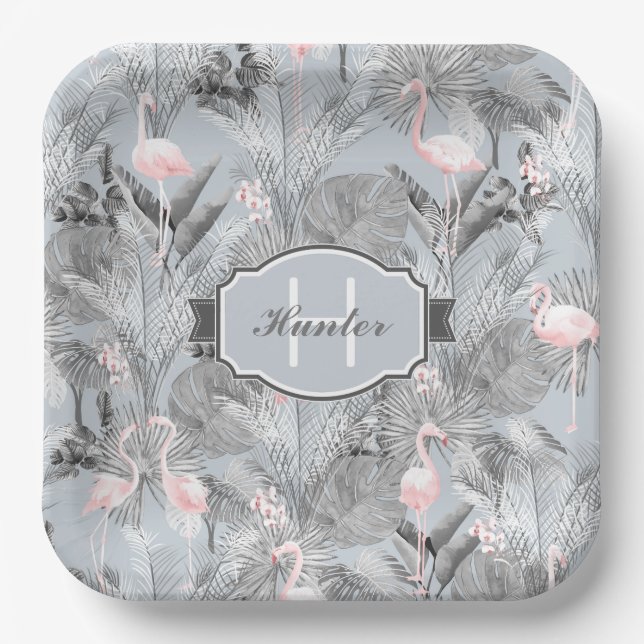 Assiettes En Carton Flamant rose Orchidée Tropical Motif Grey ID868 (Recto)