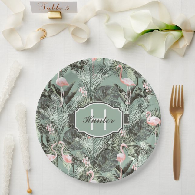 Assiettes En Carton Flamant rose Orchidée Tropical Motif Sage ID868 (Mariage)