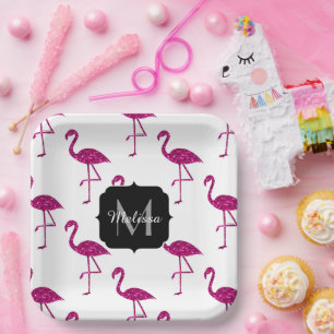 Assiettes En Carton Flamant rose pailleté Monogramme étincelles de pai