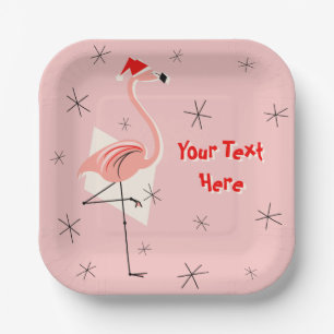 Assiettes En Carton Flamant rose Père Noël carré de texte rose