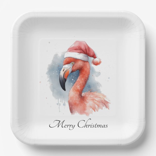 Assiettes En Carton Flamant rose père Noël Snowbird, personnalisé (Recto)