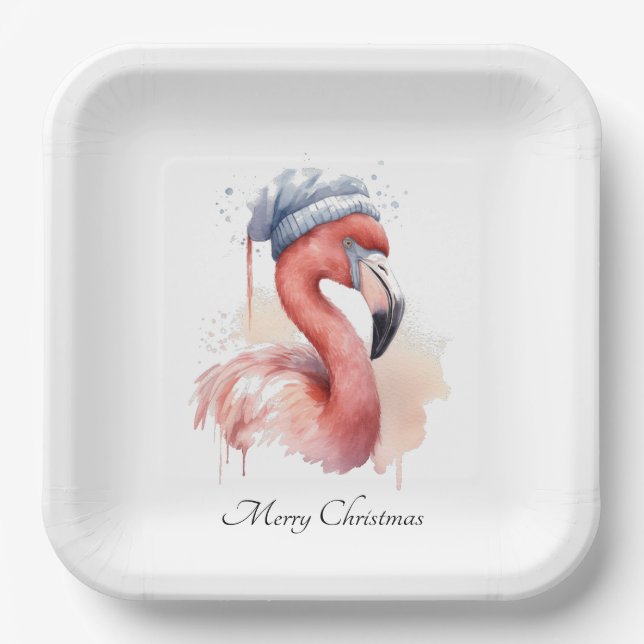 Assiettes En Carton Flamant rose père Noël Snowbird, personnalisé (Recto)