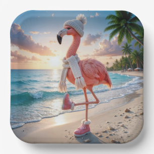 Assiettes En Carton Flamant Rose Portant des Bottes et une Écharpe d'H
