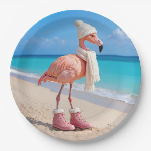 Assiettes En Carton Flamant Rose Portant une Écharpe et un Chapeau d'H