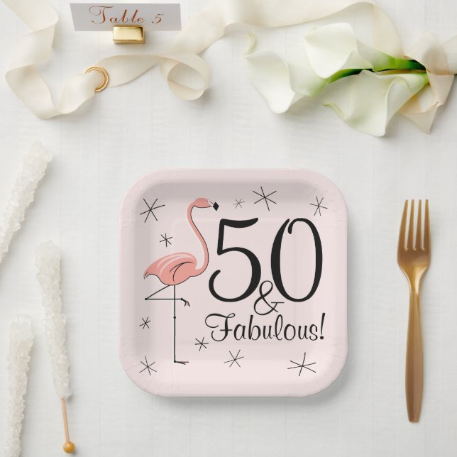 Assiettes En Carton Flamant rose rose 50 et Fabulous carré plaque papi (Mariage)