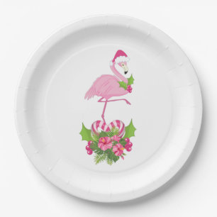 Assiettes En Carton Flamant rose rose à Santa Hat avec Sucre de canne