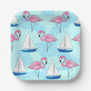 Assiettes En Carton Flamant rose rose Blue Voilier Preppy