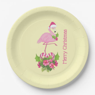 Assiettes En Carton Flamant rose rose en Santa Hat avec Sucre de canne