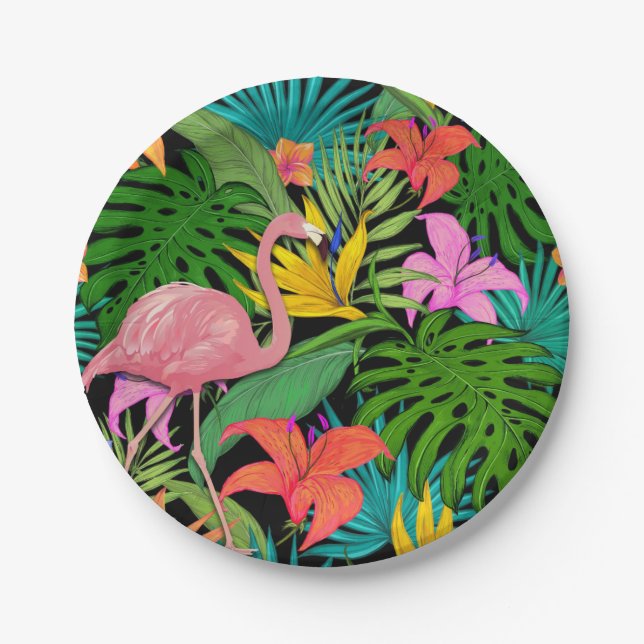 Assiettes En Carton Flamant rose rose exotique tropical (Devant)