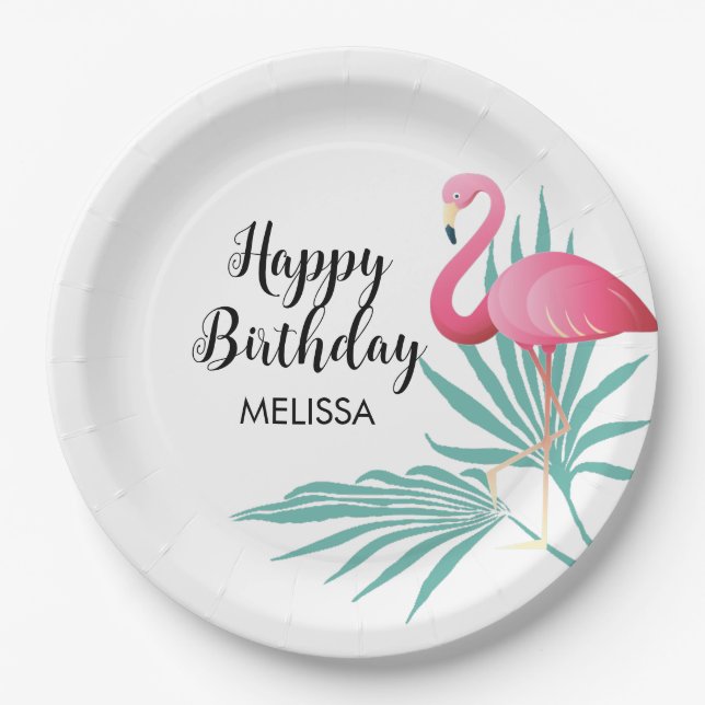 Assiettes En Carton Flamant rose rose Palm Feuille Anniversaire (Devant)