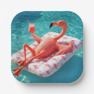Assiettes En Carton Flamant rose se détendant sur un matelas de piscin