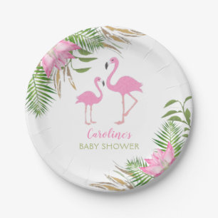 Assiettes En Carton Flamant rose tropical Aquarelle Baby shower floral