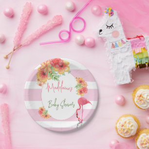 Assiettes En Carton Flamant rose tropical Baby shower en bande rose