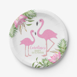 Assiettes En Carton Flamant rose tropical Baby shower floral