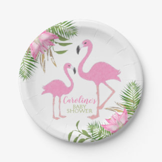 Assiettes En Carton Flamant rose tropical Baby shower floral