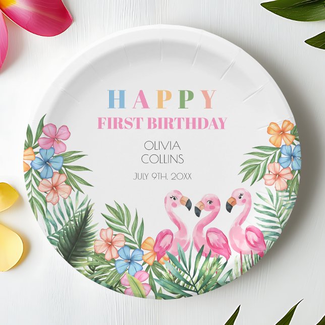 Assiettes En Carton Flamant rose tropical d'été Joyeux 1er anniversair (Summer Tropical Flamingo Happy 1st Birthday Party Paper Plates)