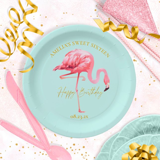 Assiettes En Carton Flamant rose tropical doux 16 Joyeux anniversaire  (Créateur téléchargé)