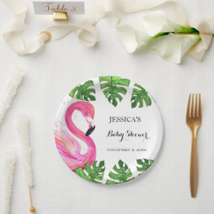 Assiettes En Carton Flamant rose Tropical Feuille Baby shower Party