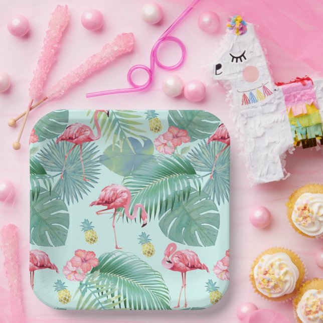 Assiettes En Carton Flamant rose tropical, Palmiers, Ananas Motif ID92 (Fête)