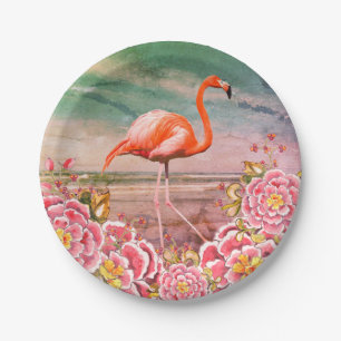 Assiettes En Carton Flamant rose tropical sur la plage & Fleurs roses 