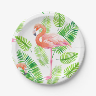 Assiettes En Carton Flamants roses et feuilles tropicaux