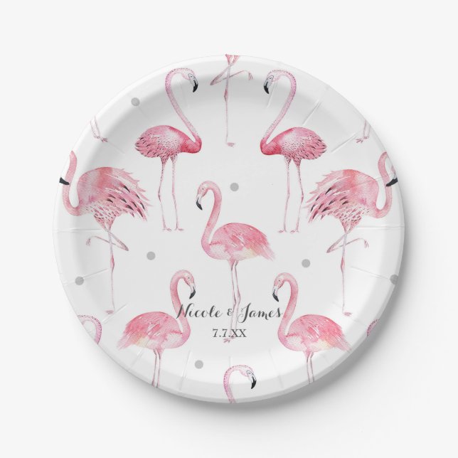 Assiettes En Carton Flamants roses gris à pois chic motif fête (Devant)
