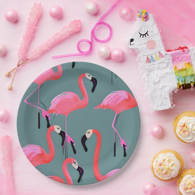 Assiettes En Carton Flamants roses rétro (Fête)