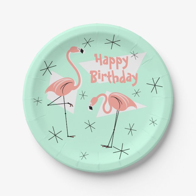 Assiettes En Carton Flamants roses Retro Green Joyeux anniversaire (Devant)