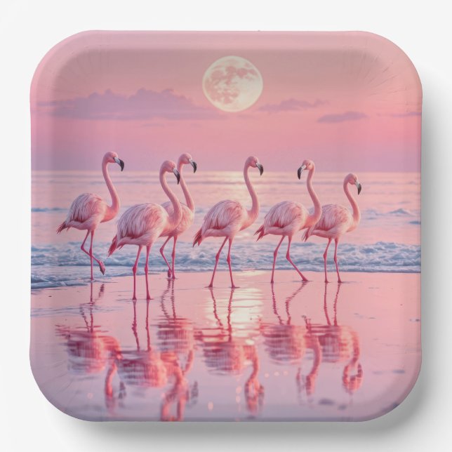Assiettes En Carton Flamants roses Sur une plage rose (Recto)