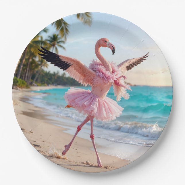 Assiettes En Carton Flamingo Ballerina In a Pink Tutu On the Beach (Devant)