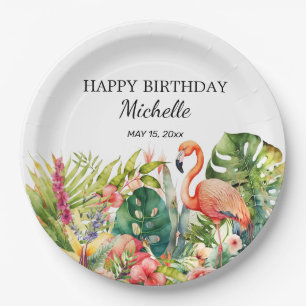 Assiettes En Carton Flamingo Fleur Tropicale Joyeux Anniversaire Nom