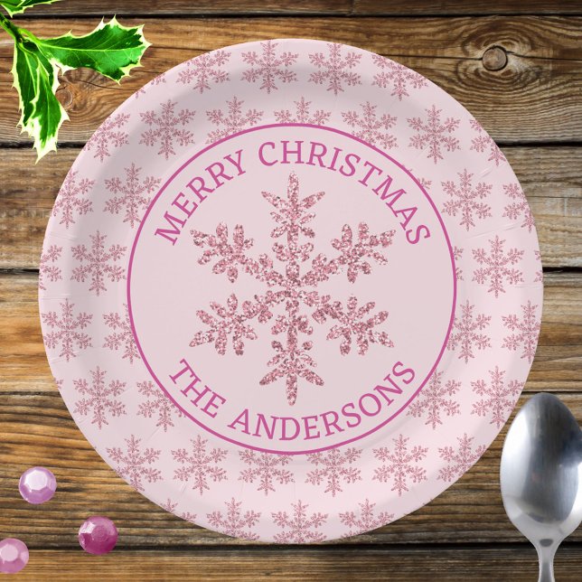 Assiettes En Carton Flamme de neige rose Fête Noël (Dress your Christmas table with custom holiday paper plates with faux glitter pink snowflakes!)