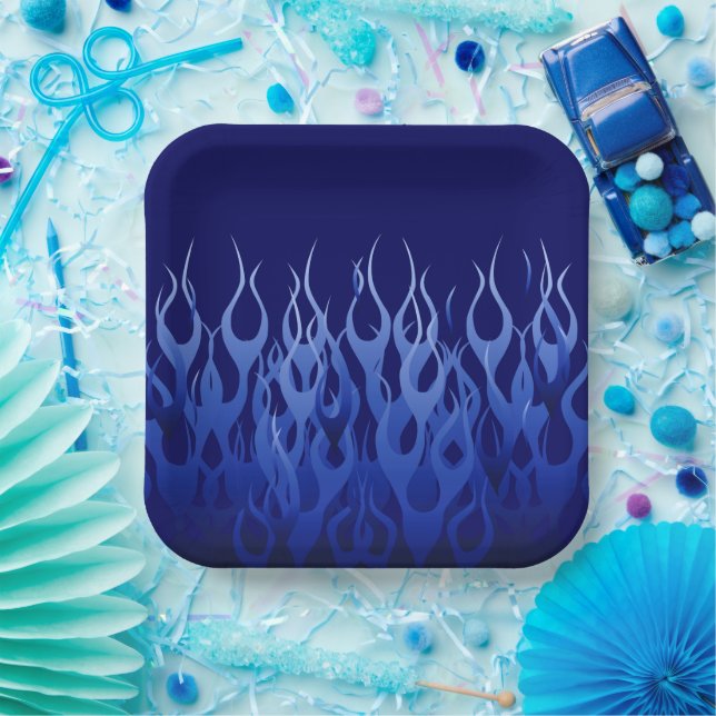 Assiettes En Carton Flammes de course cool Blue Automotive (Fête)