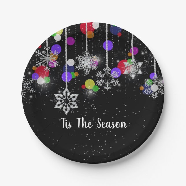 Assiettes En Carton Flammes de neige de Noël en noir (Devant)