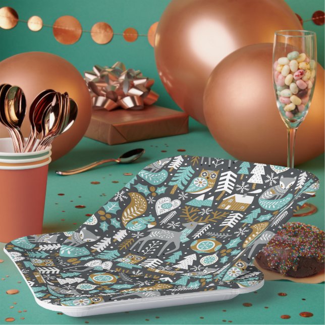 Assiettes En Carton Flammes de neige des animaux des bois Noël scandin (Multi)