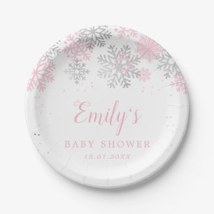 Assiettes En Carton Flammes De Neige Hiver Baby shower Rose Et Argent 