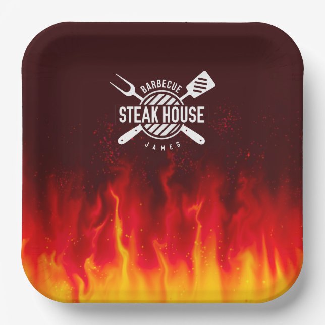 Assiettes En Carton Flammes grill barbecue — Steak House personnalisée (Recto)