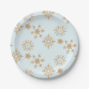 Assiettes En Carton Flèche de neige en or sur Motif de Noël bleu givré