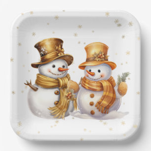 Assiettes En Carton Flèches De Neige Dorées Avec Snowman