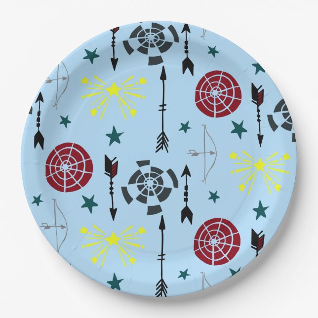Assiettes En Carton Flèches et cibles du tir à l'arc bleu (Devant)