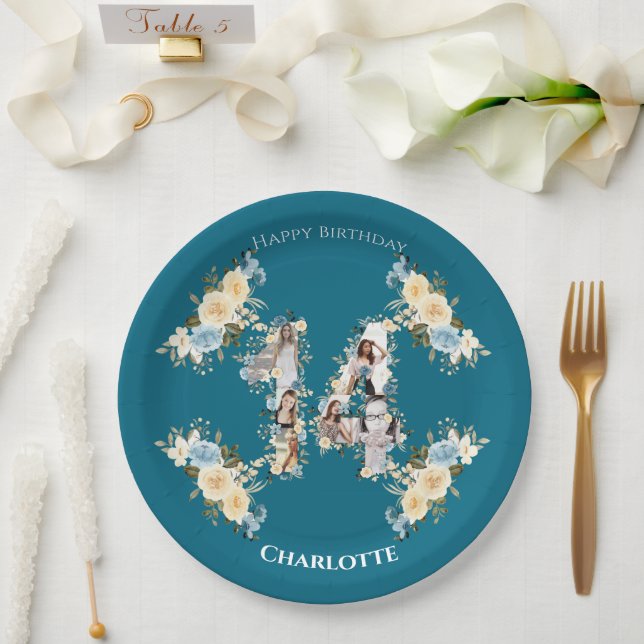 Assiettes En Carton Fleur 14e anniversaire Turquoise Photo Collage Jau (Mariage)