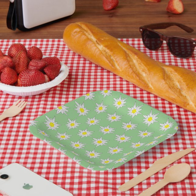 Assiettes En Carton Fleur alpine Motif Léger Vert Carré Plaque papier (Pique-nique)