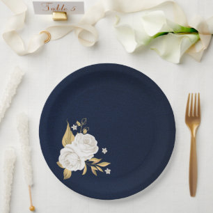 Assiettes En Carton fleur blanche feuilles dorées bleu marine