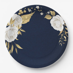 Assiettes En Carton fleur blanche feuilles dorées bleu marine