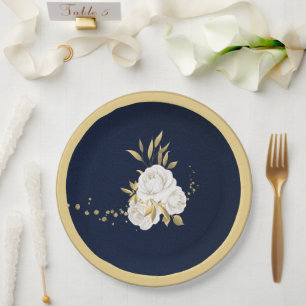 Assiettes En Carton fleur blanche feuilles dorées bleu marine