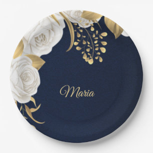 Assiettes En Carton fleur blanche feuilles dorées bleu marine