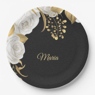 Assiettes En Carton fleur blanche feuilles dorées noires